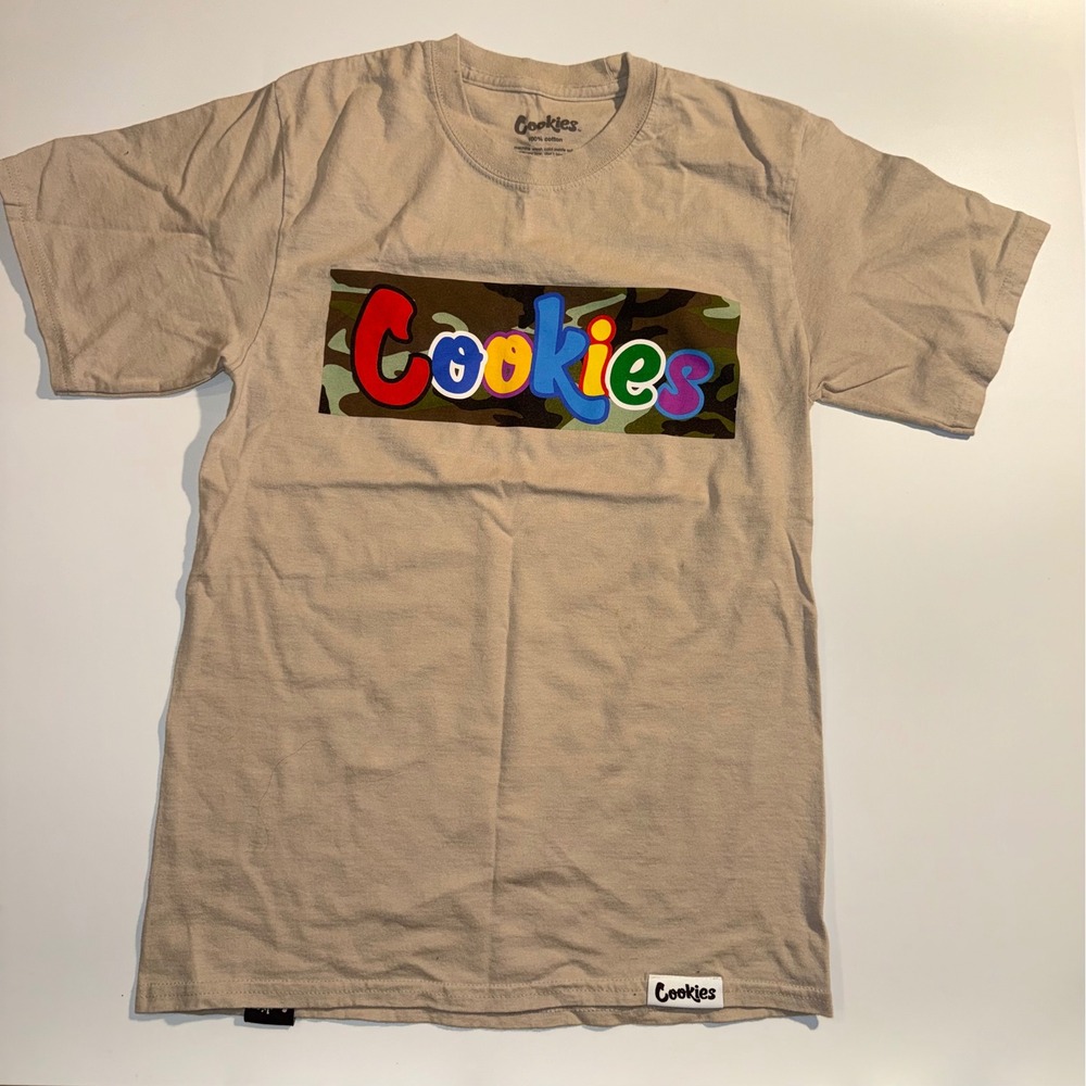 Cookies SF Mens Camo Box Logo Graphic T-Shirt Tan Khaki Small Streetwear Tee